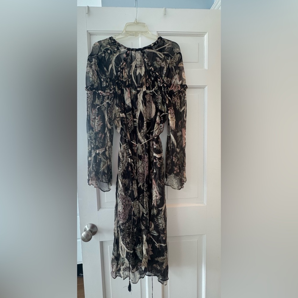 Zimmermann printed long flare sleeve silk dress.